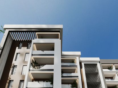 Front view of a four-storey building set against a serene blue skyline as background